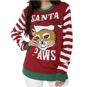Ugly Christmas Knit Long Stripe Sleeve Cat Santa Paws Crew Neck Sweater